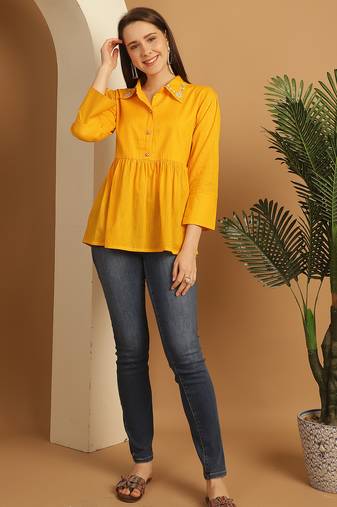 Yellow women's pure cotton embroidered short top