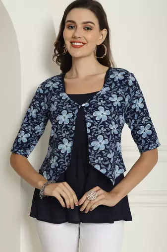 Navy blue women's pure cotton jaipuri printed short top