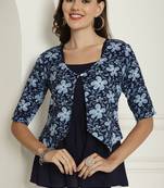 Navy blue women's pure cotton jaipuri printed short top