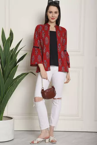 Maroon & black women's pure cotton jaipuri printed short top