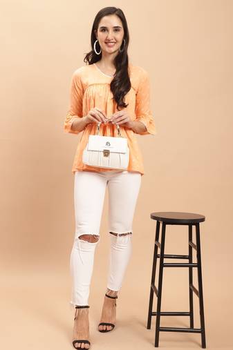 Light orange women's pure cotton jaipuri printed short top