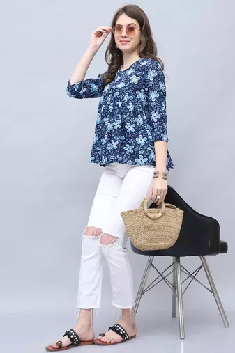 Navy blue women's pure cotton jaipuri printed short top