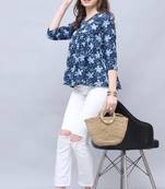Navy blue women's pure cotton jaipuri printed short top