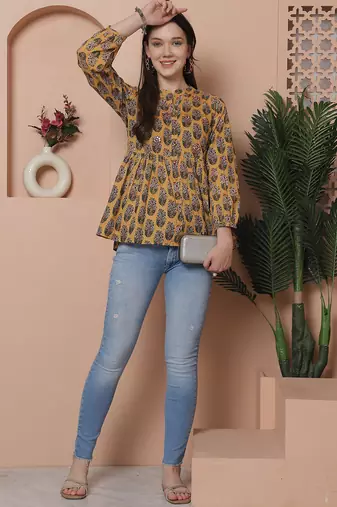 Mustard women's pure cotton jaipuri printed short top