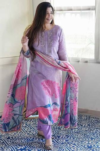 Floral embroidered purple round neck kurat set with trouser & dupatta