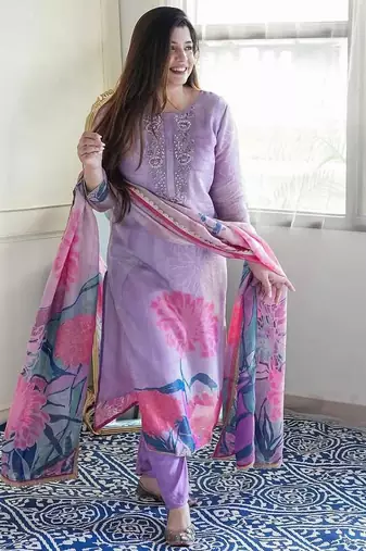 Floral embroidered purple round neck kurat set with trouser & dupatta