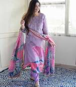 Floral embroidered purple round neck kurat set with trouser & dupatta
