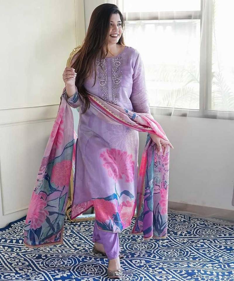 Floral embroidered purple round neck kurat set with trouser & dupatta