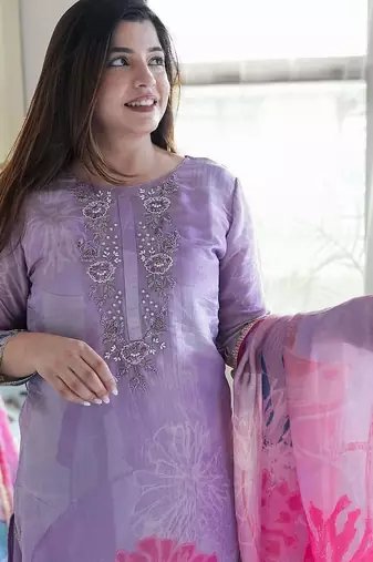 Floral embroidered purple round neck kurat set with trouser & dupatta