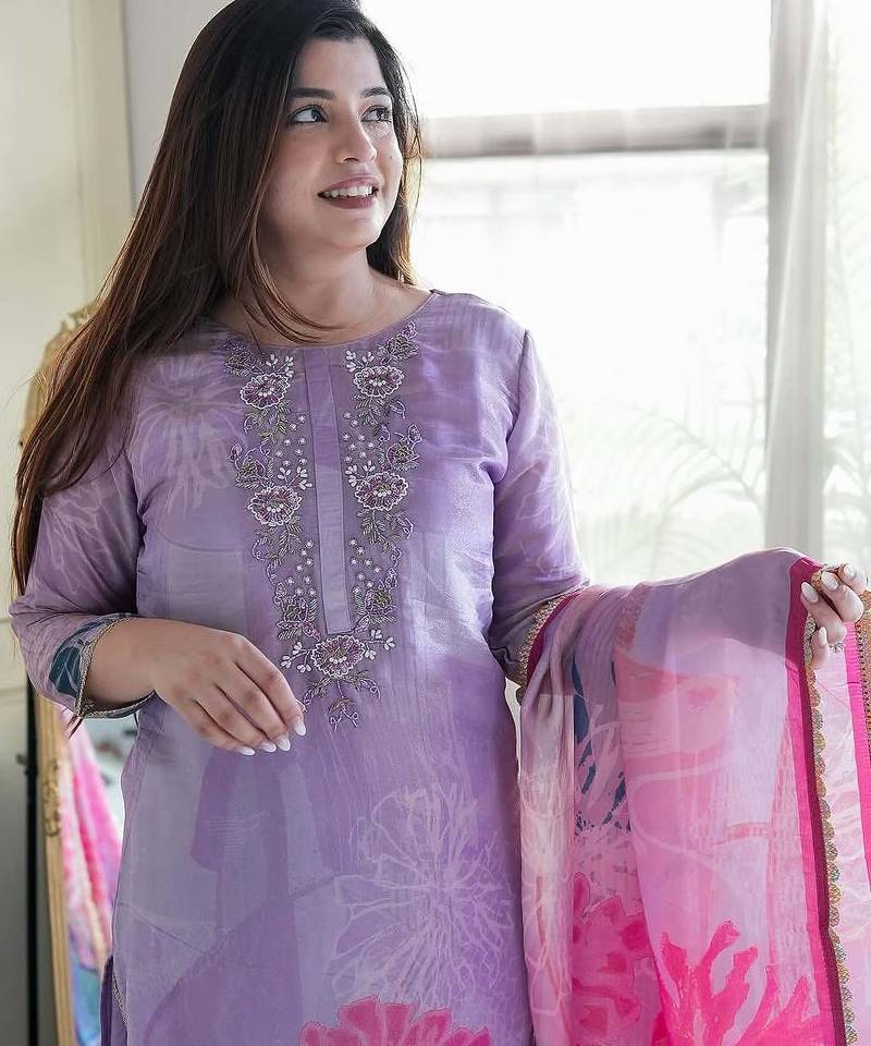 Floral embroidered purple round neck kurat set with trouser & dupatta