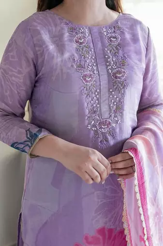 Floral embroidered purple round neck kurat set with trouser & dupatta
