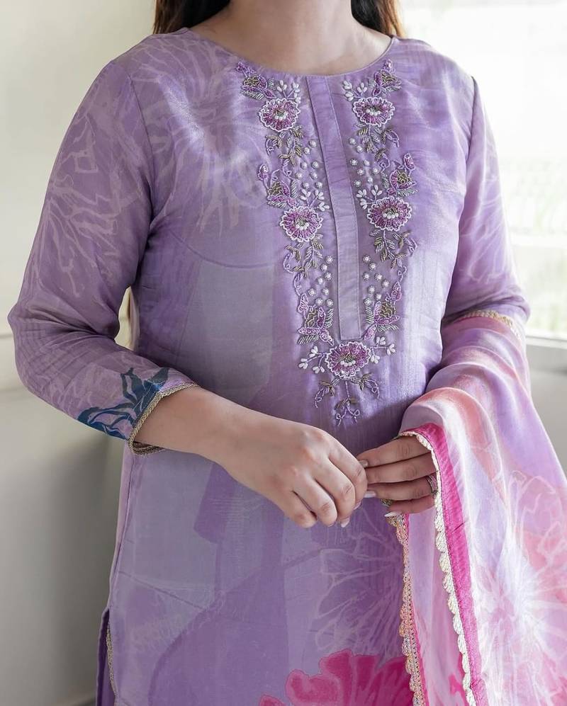 Floral embroidered purple round neck kurat set with trouser & dupatta