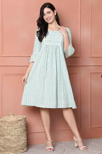 Sea green & white women's pure cotton jaipuri printed western dress