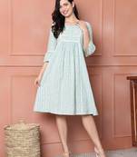 Sea green & white women's pure cotton jaipuri printed western dress