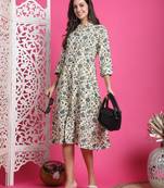 Beige & grey women's pure cotton jaipuri printed western dress
