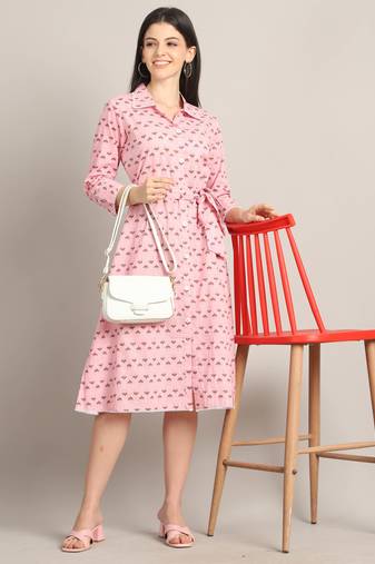 Light pink women's pure cotton jaipuri printed western dress