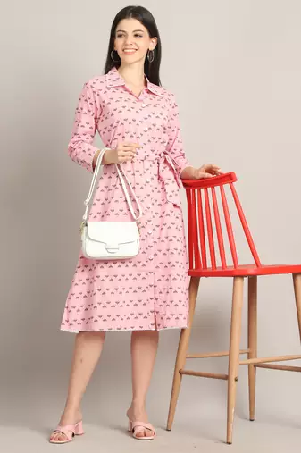 Light pink women's pure cotton jaipuri printed western dress