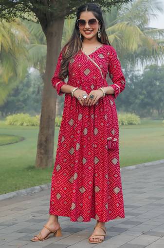 Pink women's rayon jaipuri printed gown