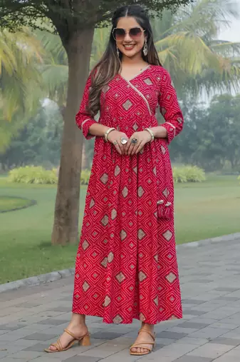 Pink women's rayon jaipuri printed gown