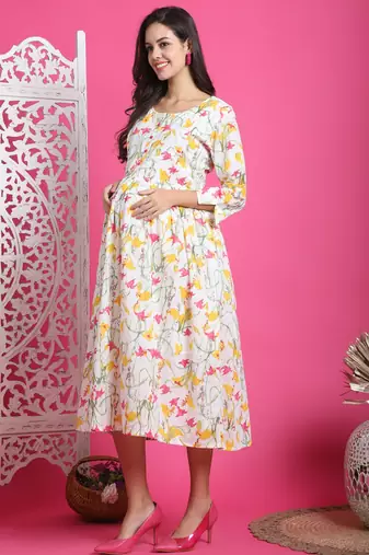 White women's cotton jaipuri printed maternity gown with zipper
