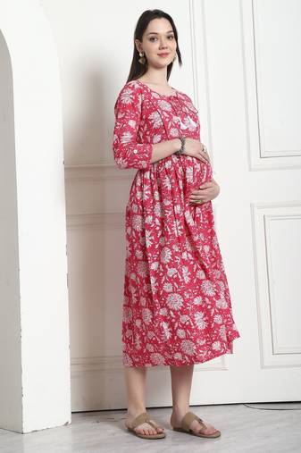 Pink & white women's pure cotton jaipuri printed maternity gown with zipper