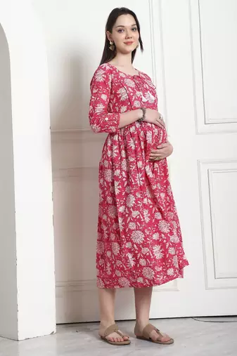 Pink & white women's pure cotton jaipuri printed maternity gown with zipper