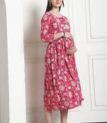 Pink & white women's pure cotton jaipuri printed maternity gown with zipper