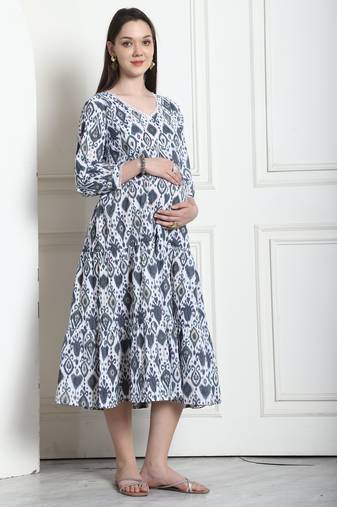 Grey & white women's cotton jaipuri printed maternity gown with zipper