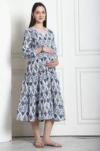 Grey & white women's cotton jaipuri printed maternity gown with zipper