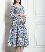 Grey & white women's cotton jaipuri printed maternity gown with zipper