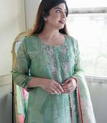 Floral embroidered green round neck kurat set with trouser & dupatta