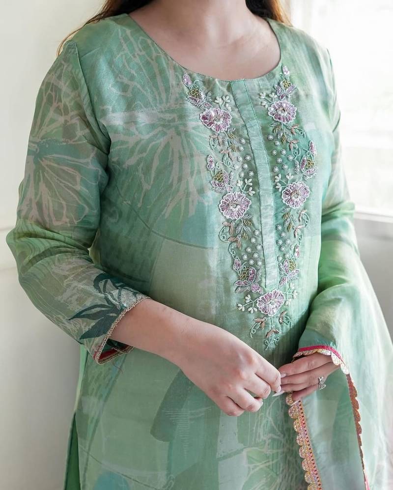 Floral embroidered green round neck kurat set with trouser & dupatta