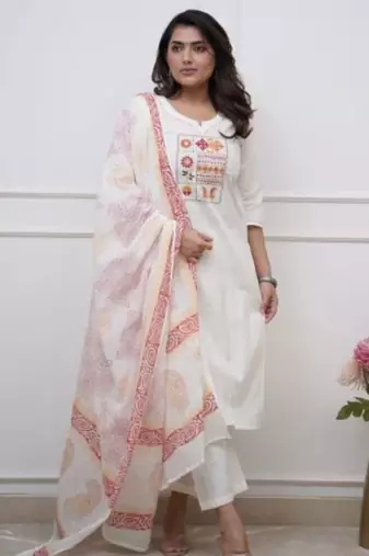 Floral embroidered white round neck kurat set with trouser & dupatta