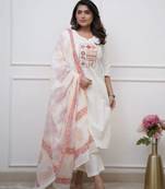 Floral embroidered white round neck kurat set with trouser & dupatta