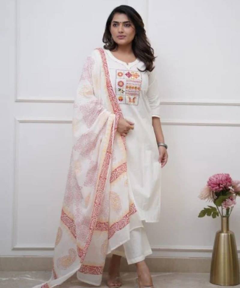 Floral embroidered white round neck kurat set with trouser & dupatta