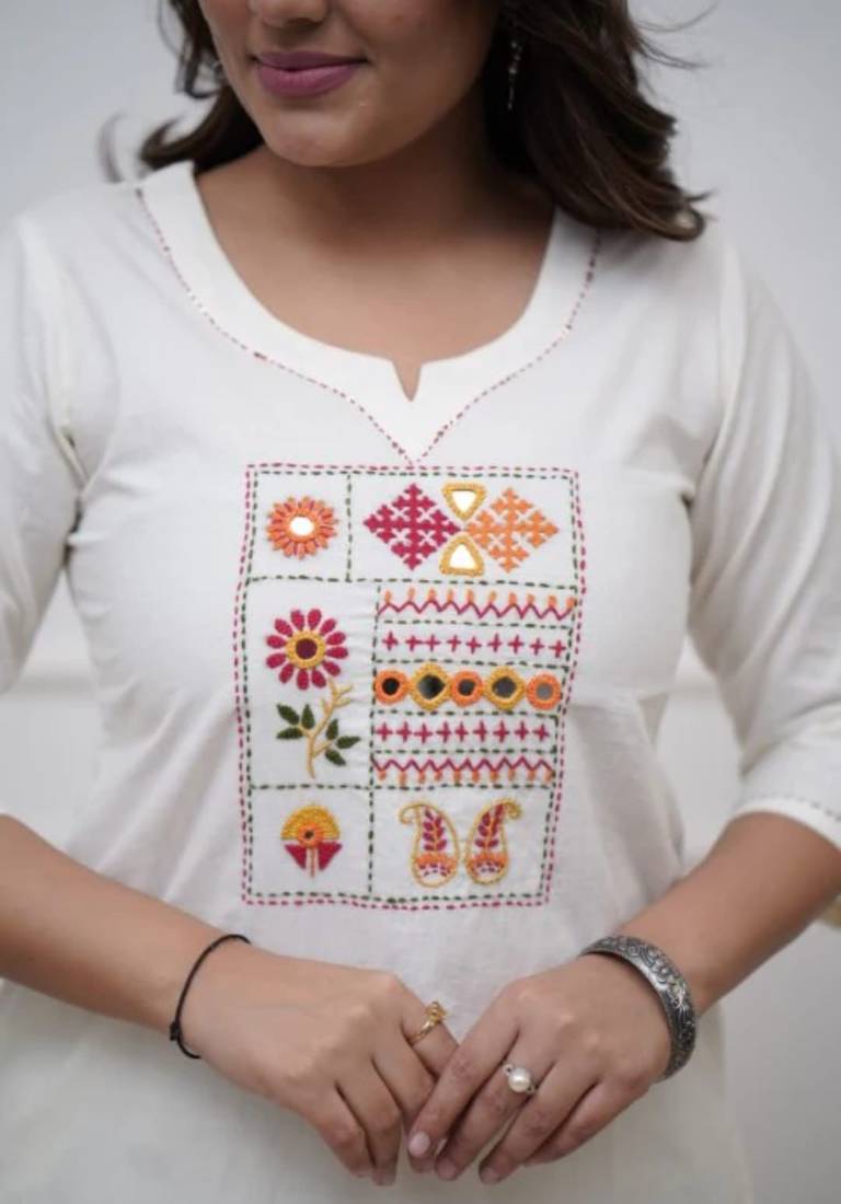 Floral embroidered white round neck kurat set with trouser & dupatta