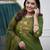 Floral embroidered green round neck kurat set with trouser & dupatta