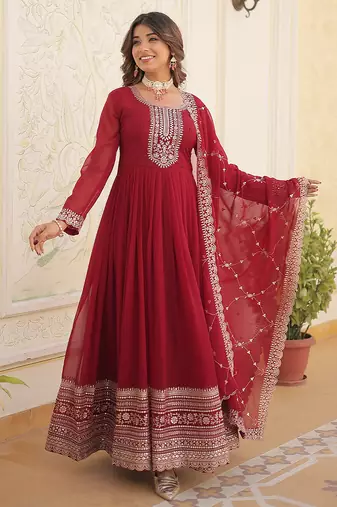 Maroon Georgette Gown with Duppata Stitched