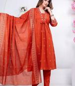 Floral embroidered orange round neck kurat set with trouser & dupatta