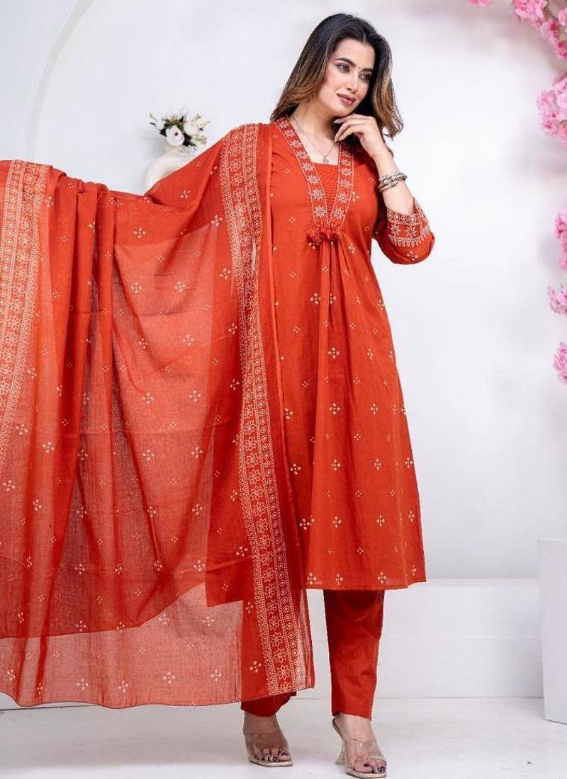 Floral embroidered orange round neck kurat set with trouser & dupatta