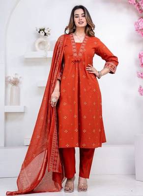Floral embroidered orange round neck kurat set with trouser & dupatta 2