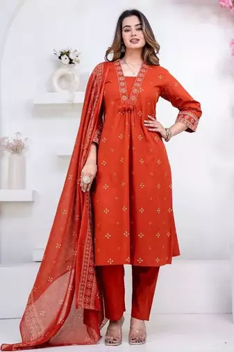 Floral embroidered orange round neck kurat set with trouser & dupatta