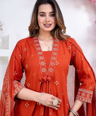 Floral embroidered orange round neck kurat set with trouser & dupatta 3
