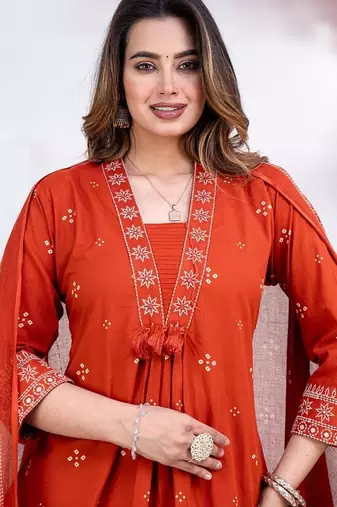 Floral embroidered orange round neck kurat set with trouser & dupatta