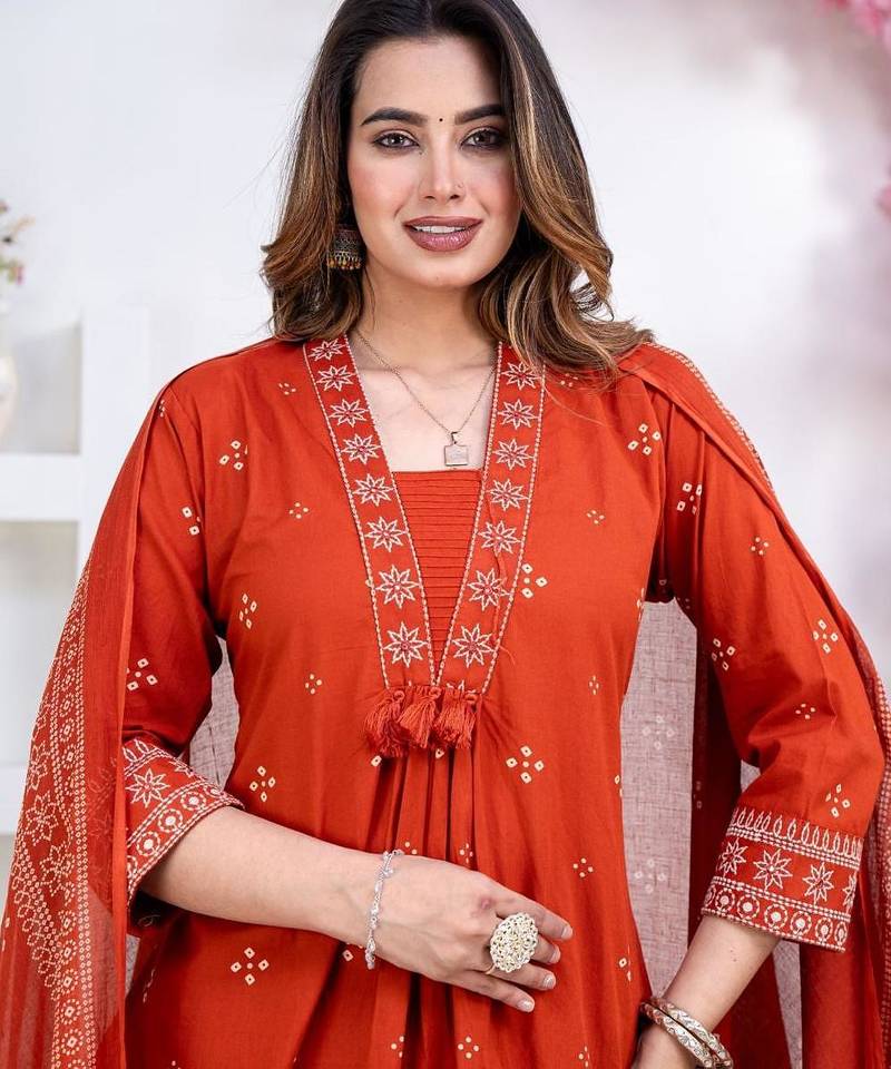 Floral embroidered orange round neck kurat set with trouser & dupatta