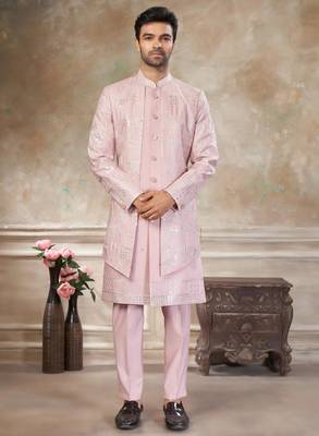 Pink pure viscos with embroidery and sequence work indowestern collections 1