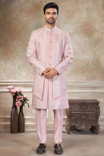 Pink pure viscos with embroidery and sequence work indowestern collections