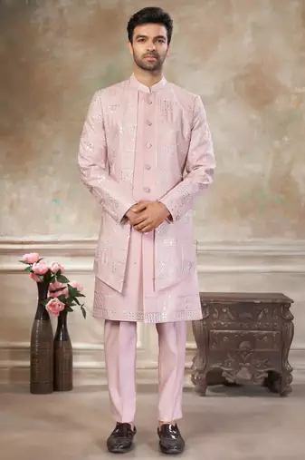 Pink pure viscos with embroidery and sequence work indowestern collections