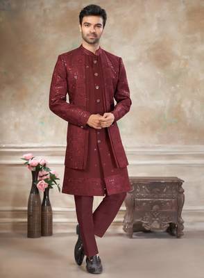 Maroon pure viscos with embroidery and sequence work indowestern collections 1