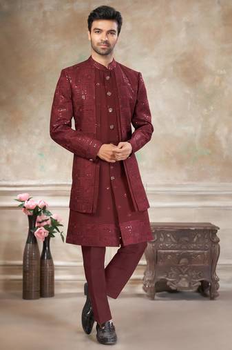 Maroon pure viscos with embroidery and sequence work indowestern collections